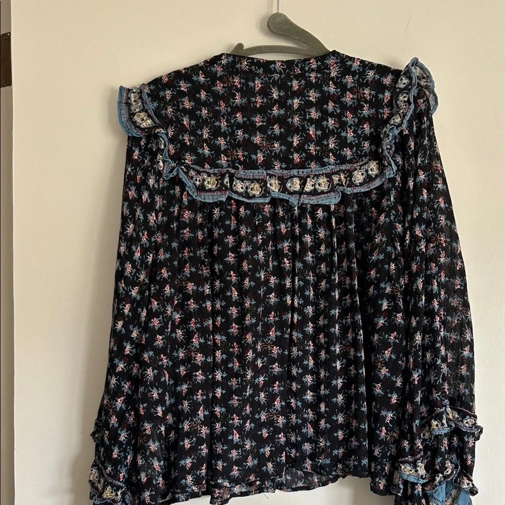 Free People Black Floral Ruffle Button-Front Blouse with Blue Trim - Picture 4 of 9